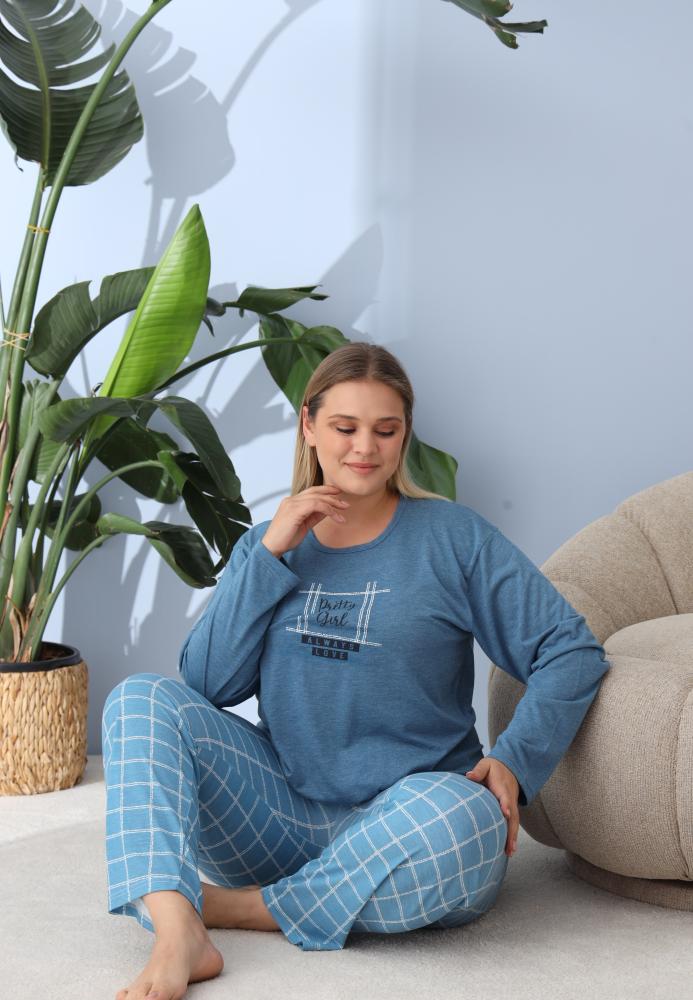 Pijama Dama ,Big Size ,'Prety Gyrl" cu Pantloni si Maneca lunga, Culoare Albastru,Engros